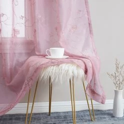 HLC.ME Allegra Floral Embroidered Sheer Curtain Panels - Mauve Lilac - Set Of 2