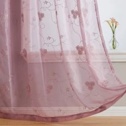 HLC.ME Allegra Floral Embroidered Sheer Curtain Panels - Mauve Lilac - Set Of 2