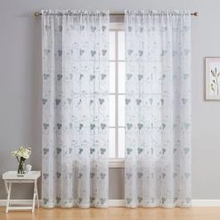 HLC.ME Allegra Floral Embroidered Sheer Curtain Panels - White/Seafoam - Set Of 2