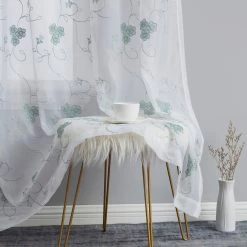 HLC.ME Allegra Floral Embroidered Sheer Curtain Panels - White/Seafoam - Set Of 2