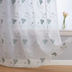 HLC.ME Allegra Floral Embroidered Sheer Curtain Panels - White/Seafoam - Set Of 2