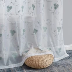 HLC.ME Allegra Floral Embroidered Sheer Curtain Panels - White/Seafoam - Set Of 2