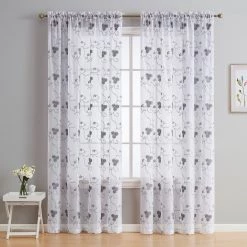 HLC.ME Allegra Floral Embroidered Sheer Curtain Panels - White/Grey - Set Of 2