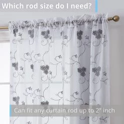 HLC.ME Allegra Floral Embroidered Sheer Curtain Panels - White/Grey - Set Of 2