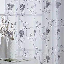 HLC.ME Allegra Floral Embroidered Sheer Curtain Panels - White/Grey - Set Of 2