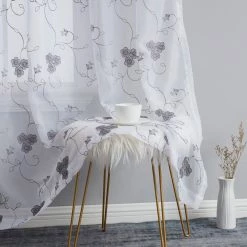 HLC.ME Allegra Floral Embroidered Sheer Curtain Panels - White/Grey - Set Of 2