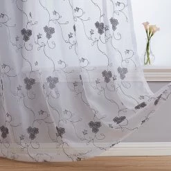 HLC.ME Allegra Floral Embroidered Sheer Curtain Panels - White/Grey - Set Of 2