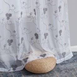 HLC.ME Allegra Floral Embroidered Sheer Curtain Panels - White/Grey - Set Of 2