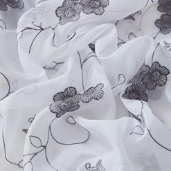 HLC.ME Allegra Floral Embroidered Sheer Curtain Panels - White/Grey - Set Of 2