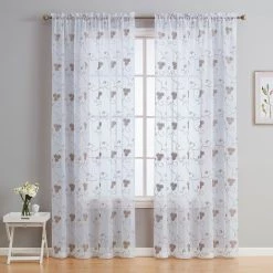HLC.ME Allegra Floral Embroidered Sheer Curtain Panels - White/Taupe - Set Of 2 Sheer Curtains