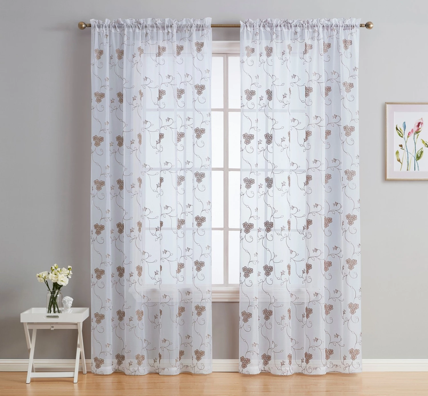 HLC.ME Allegra Floral Embroidered Sheer Curtain Panels - White/Taupe - Set Of 2 Sheer Curtains 3 HLC.ME Allegra Floral Embroidered Sheer Curtain Panels - White/Taupe - Set Of 2 Sheer Curtains