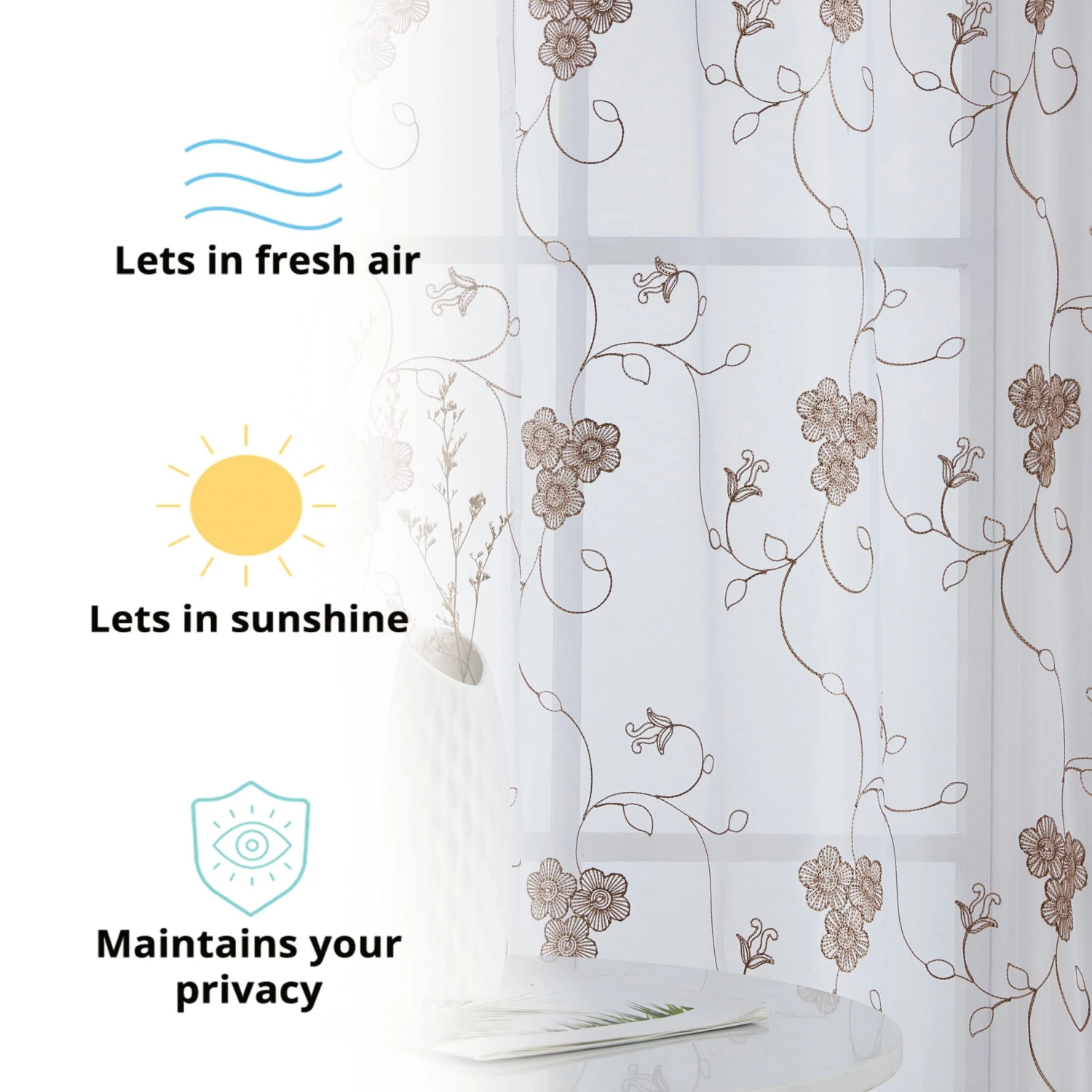 HLC.ME Allegra Floral Embroidered Sheer Curtain Panels - White/Taupe - Set Of 2 Sheer Curtains 6 HLC.ME Allegra Floral Embroidered Sheer Curtain Panels - White/Taupe - Set Of 2 Sheer Curtains