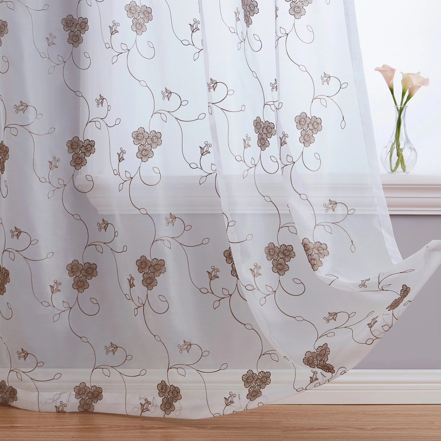HLC.ME Allegra Floral Embroidered Sheer Curtain Panels - White/Taupe - Set Of 2 Sheer Curtains 4 HLC.ME Allegra Floral Embroidered Sheer Curtain Panels - White/Taupe - Set Of 2 Sheer Curtains