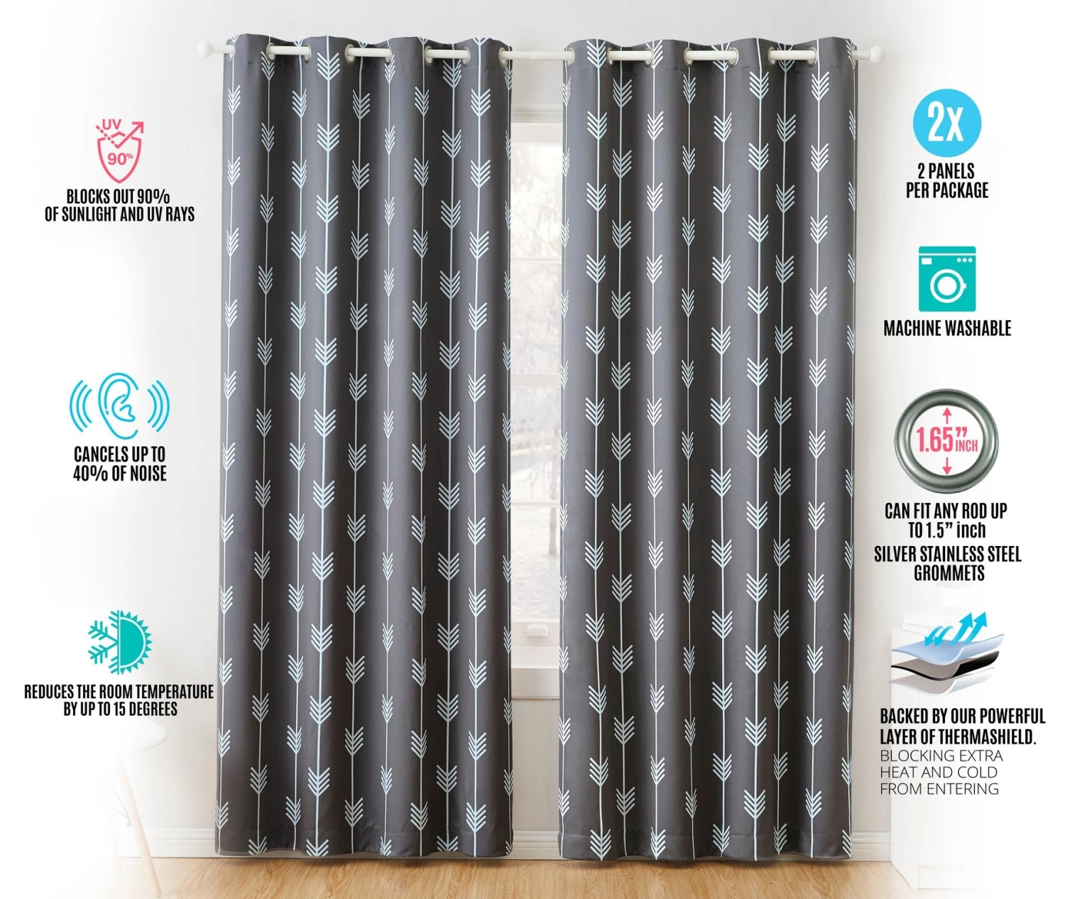 HLC.ME Arrow Print Blackout Grommet Curtain Panels - Grey - Set Of 2 Blackout Curtains 6 HLC.ME Arrow Print Blackout Grommet Curtain Panels - Grey - Set Of 2 Blackout Curtains