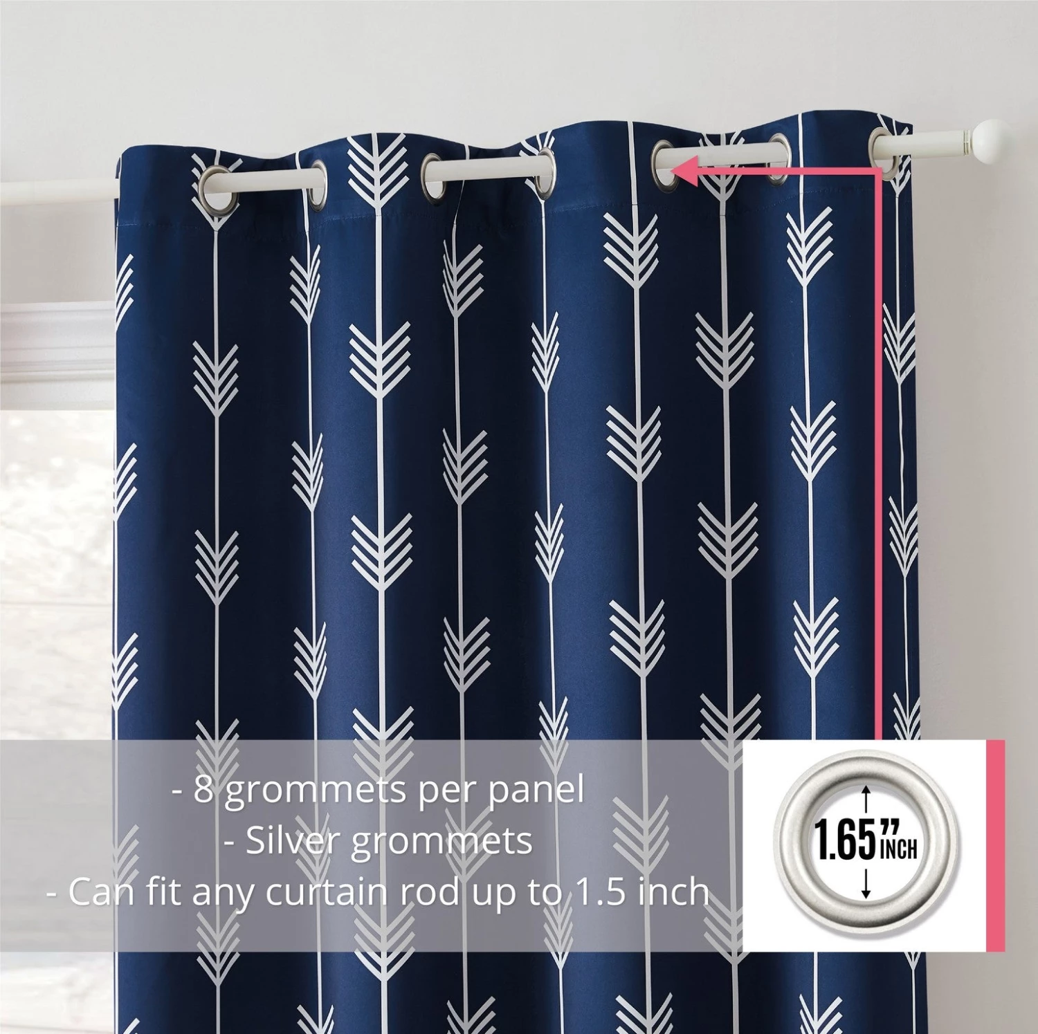 HLC.ME Arrow Print Blackout Grommet Curtain Panels - Navy Blue - Set Of 2 5 HLC.ME Arrow Print Blackout Grommet Curtain Panels - Navy Blue - Set Of 2