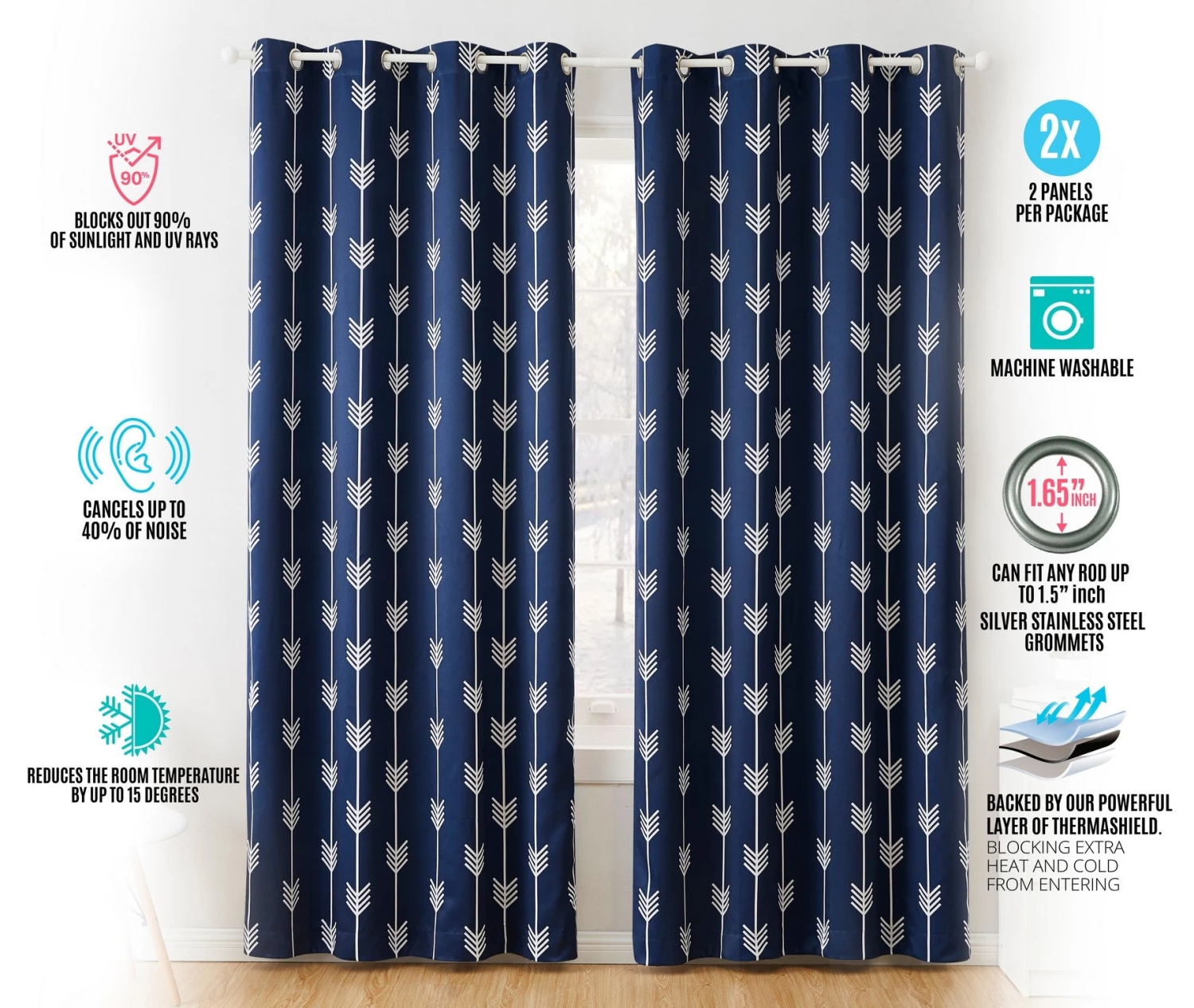 HLC.ME Arrow Print Blackout Grommet Curtain Panels - Navy Blue - Set Of 2 8 HLC.ME Arrow Print Blackout Grommet Curtain Panels - Navy Blue - Set Of 2