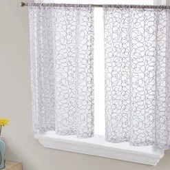 HLC.ME Audrey Embroidered Grommet Curtain Tiers - Silver Grey - Set Of 2 Faux Linen Curtains