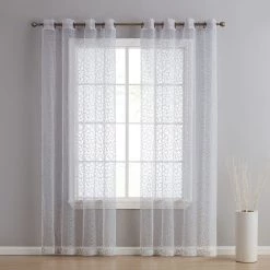 HLC.ME Audrey Embroidered Grommet Curtain Panels - Silver Grey - Set Of 2