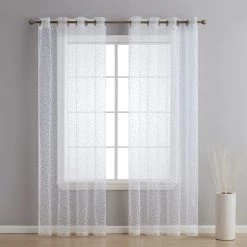 HLC.ME Faux Linen Curtains Audrey Embroidered Grommet Curtain Panels - Off White - Set Of 2