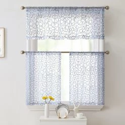 HLC.ME Faux Linen Curtains Audrey Embroidered Rod Pocket Curtain Valance - Dusty Blue