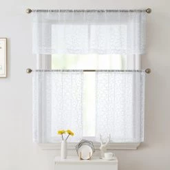 HLC.ME Faux Linen Curtains Audrey Embroidered Rod Pocket Curtain Valance - Off White