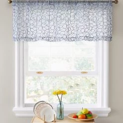HLC.ME Faux Linen Curtains Audrey Embroidered Rod Pocket Curtain Valance - Dusty Blue