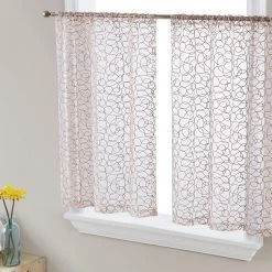 HLC.ME Audrey Embroidered Grommet Curtain Tiers - Taupe - Set Of 2 Faux Linen Curtains