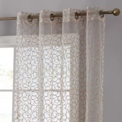 HLC.ME Faux Linen Curtains Audrey Embroidered Grommet Curtain Panels - Taupe - Set Of 2