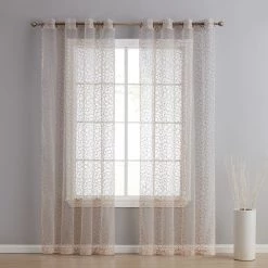 HLC.ME Faux Linen Curtains Audrey Embroidered Grommet Curtain Panels - Taupe - Set Of 2
