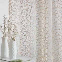 HLC.ME Faux Linen Curtains Audrey Embroidered Grommet Curtain Panels - Taupe - Set Of 2