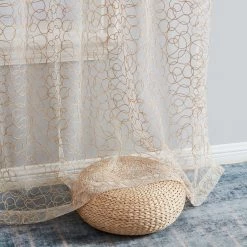 HLC.ME Faux Linen Curtains Audrey Embroidered Grommet Curtain Panels - Taupe - Set Of 2