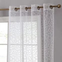 HLC.ME Audrey Embroidered Grommet Curtain Panels - White - Set Of 2 Faux Linen Curtains
