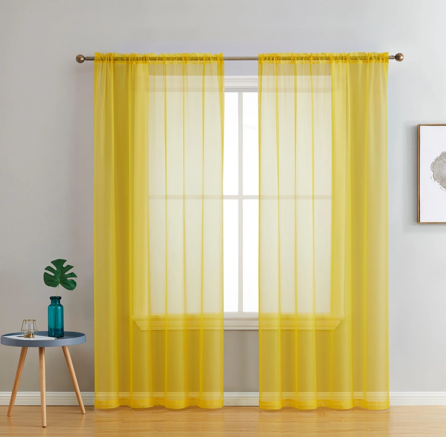HLC.ME Sheer Curtains Lucento Sheer Rod Pocket Curtain Panels - Yellow - Set Of 2 4 HLC.ME Sheer Curtains Lucento Sheer Rod Pocket Curtain Panels - Yellow - Set Of 2