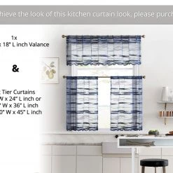 HLC.ME Faux Linen Curtains Broadway Striped Sheer Valance - Navy Blue