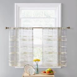 HLC.ME Broadway Sheer Striped Rod Pocket Curtain Tiers - Beige - Set Of 2