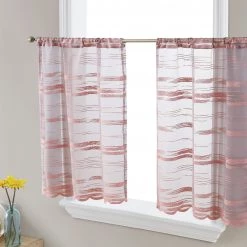 HLC.ME Broadway Sheer Striped Rod Pocket Curtain Tiers - Blush Pink - Set Of 2 Faux Linen Curtains