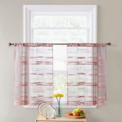 HLC.ME Broadway Sheer Striped Rod Pocket Curtain Tiers - Blush Pink - Set Of 2 Faux Linen Curtains