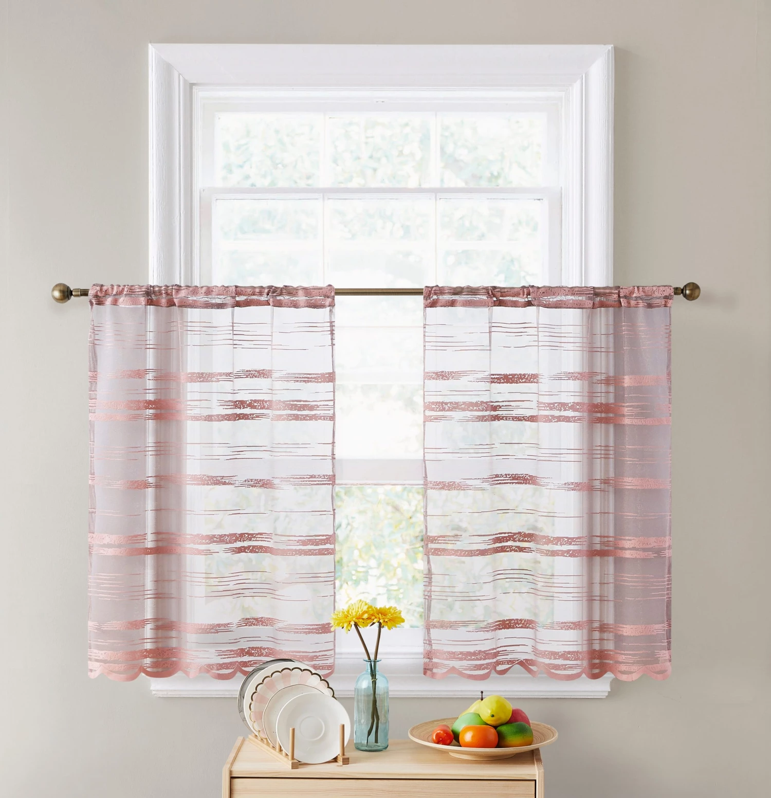 HLC.ME Broadway Sheer Striped Rod Pocket Curtain Tiers - Blush Pink - Set Of 2 Faux Linen Curtains 4 HLC.ME Broadway Sheer Striped Rod Pocket Curtain Tiers - Blush Pink - Set Of 2 Faux Linen Curtains