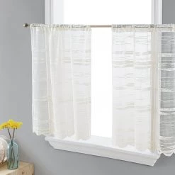 HLC.ME Faux Linen Curtains Broadway Sheer Striped Rod Pocket Curtain Tiers - Ivory - Set Of 2