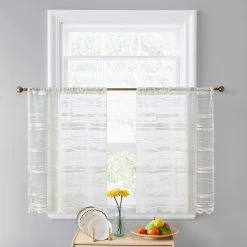 HLC.ME Faux Linen Curtains Broadway Sheer Striped Rod Pocket Curtain Tiers - Ivory - Set Of 2