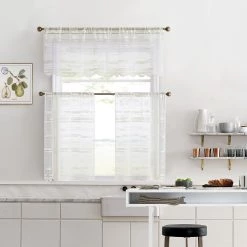 HLC.ME Faux Linen Curtains Broadway Sheer Striped Rod Pocket Curtain Tiers - Ivory - Set Of 2