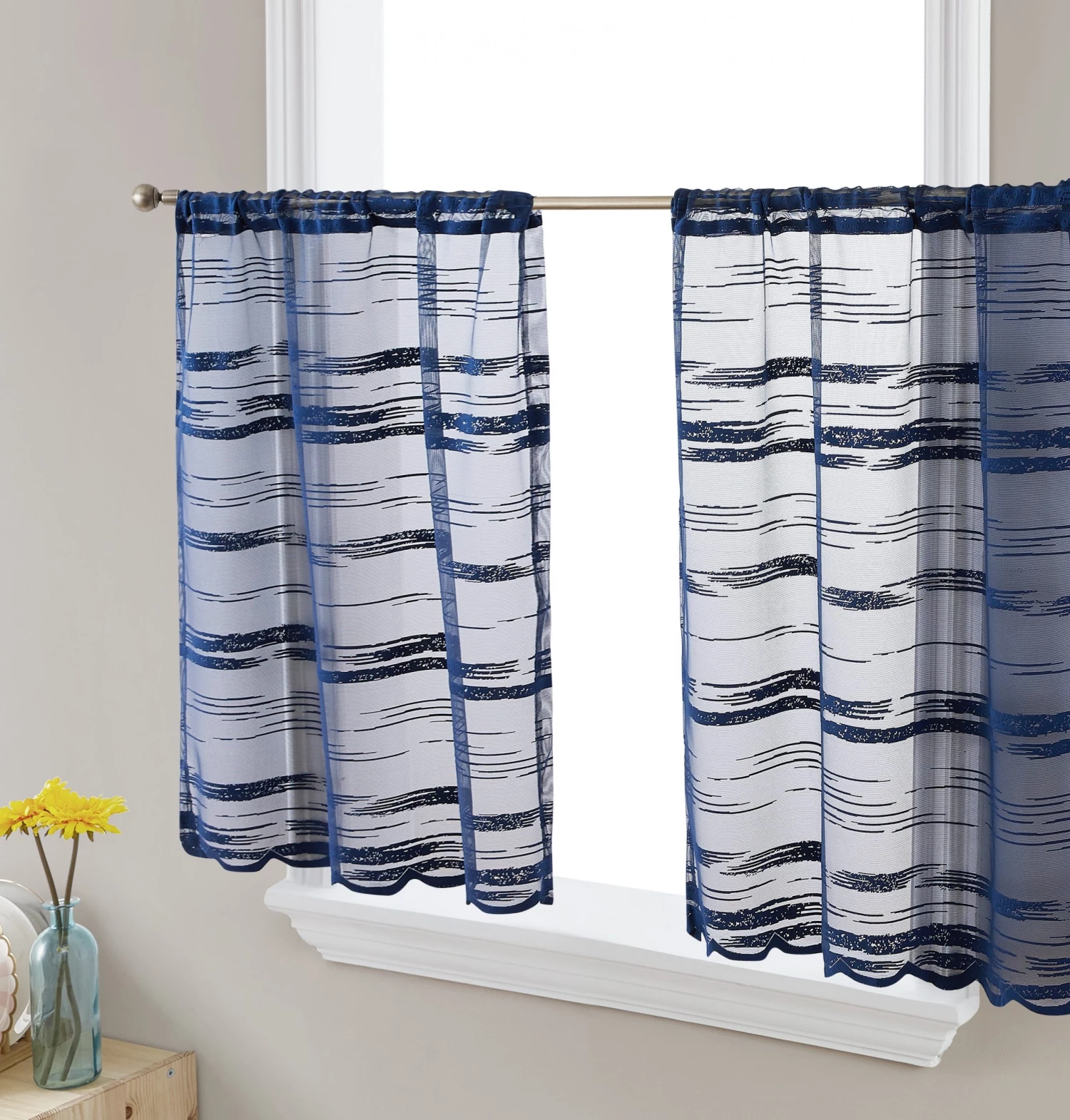 HLC.ME Broadway Sheer Striped Rod Pocket Curtain Tiers - Navy Blue - Set Of 2 3 HLC.ME Broadway Sheer Striped Rod Pocket Curtain Tiers - Navy Blue - Set Of 2