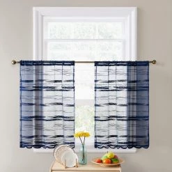 HLC.ME Broadway Sheer Striped Rod Pocket Curtain Tiers - Navy Blue - Set Of 2