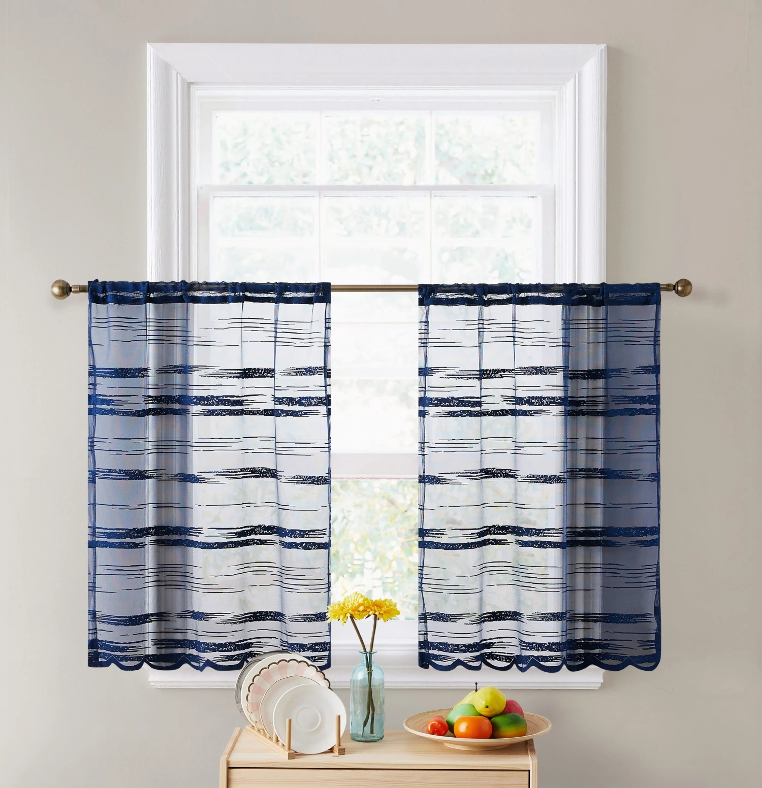 HLC.ME Broadway Sheer Striped Rod Pocket Curtain Tiers - Navy Blue - Set Of 2 4 HLC.ME Broadway Sheer Striped Rod Pocket Curtain Tiers - Navy Blue - Set Of 2