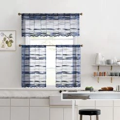 HLC.ME Faux Linen Curtains Broadway Striped Sheer Valance - Navy Blue