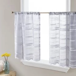 HLC.ME Broadway Sheer Striped Rod Pocket Curtain Tiers - Silver Grey - Set Of 2