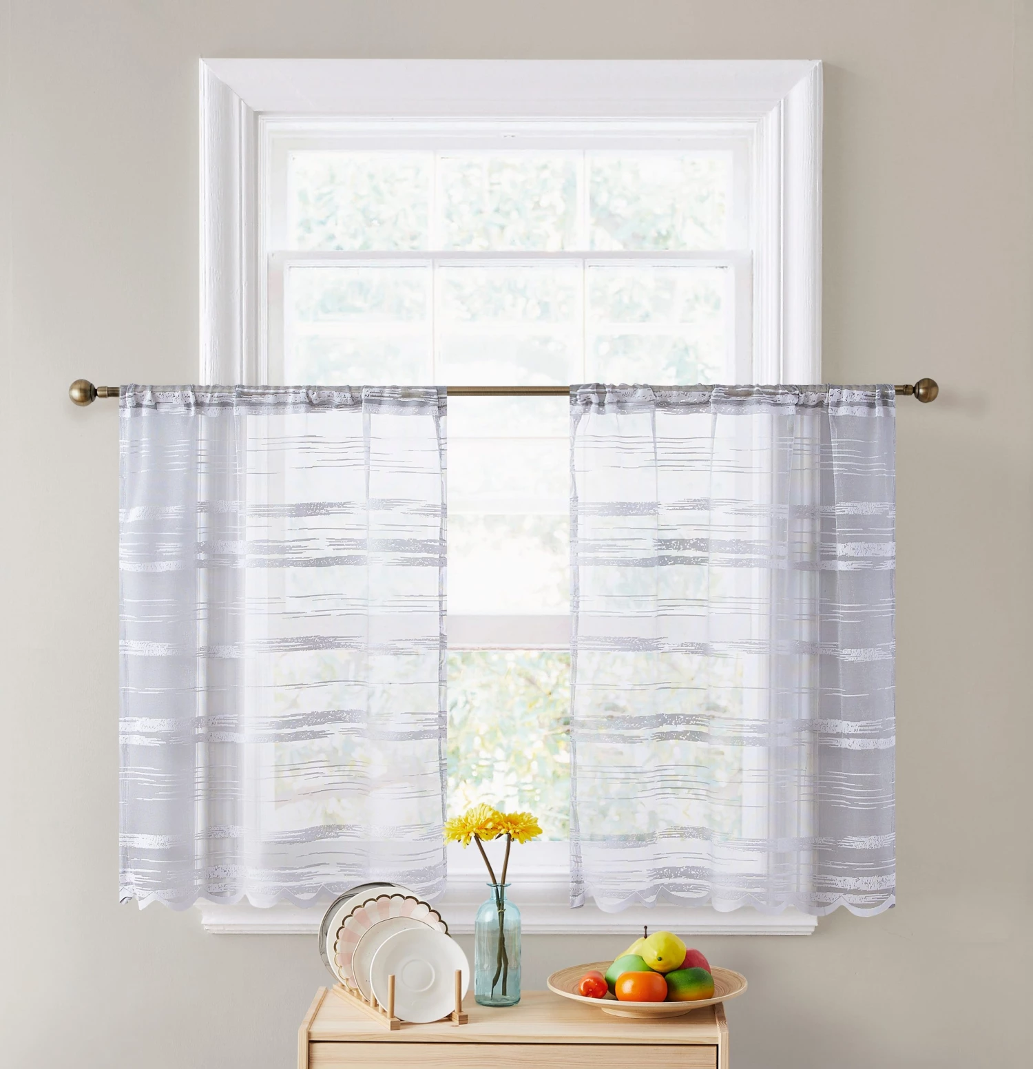 HLC.ME Broadway Sheer Striped Rod Pocket Curtain Tiers - Silver Grey - Set Of 2 4 HLC.ME Broadway Sheer Striped Rod Pocket Curtain Tiers - Silver Grey - Set Of 2