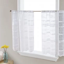 HLC.ME Broadway Sheer Striped Rod Pocket Curtain Tiers - White - Set Of 2