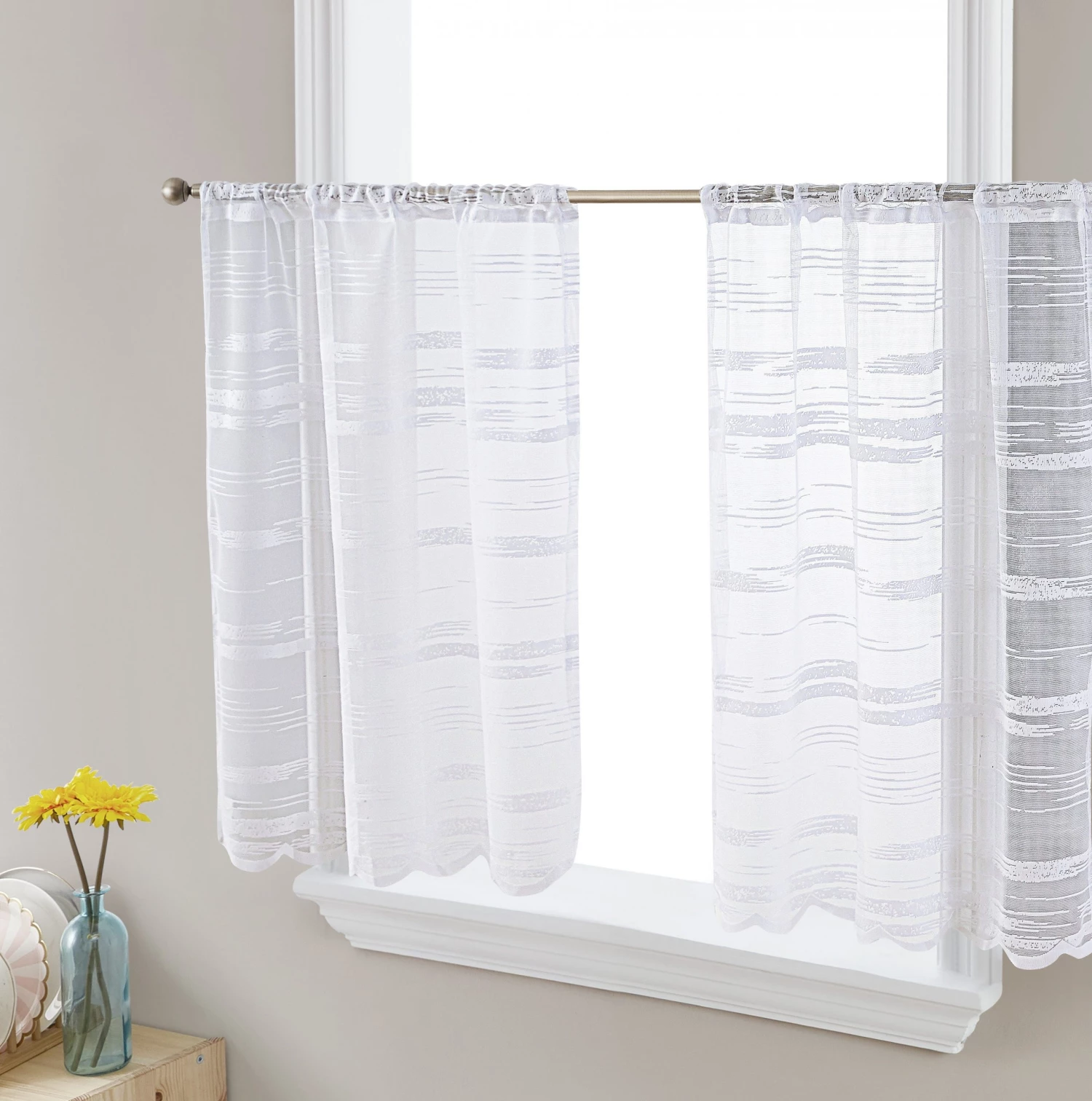 HLC.ME Broadway Sheer Striped Rod Pocket Curtain Tiers - White - Set Of 2 3 HLC.ME Broadway Sheer Striped Rod Pocket Curtain Tiers - White - Set Of 2