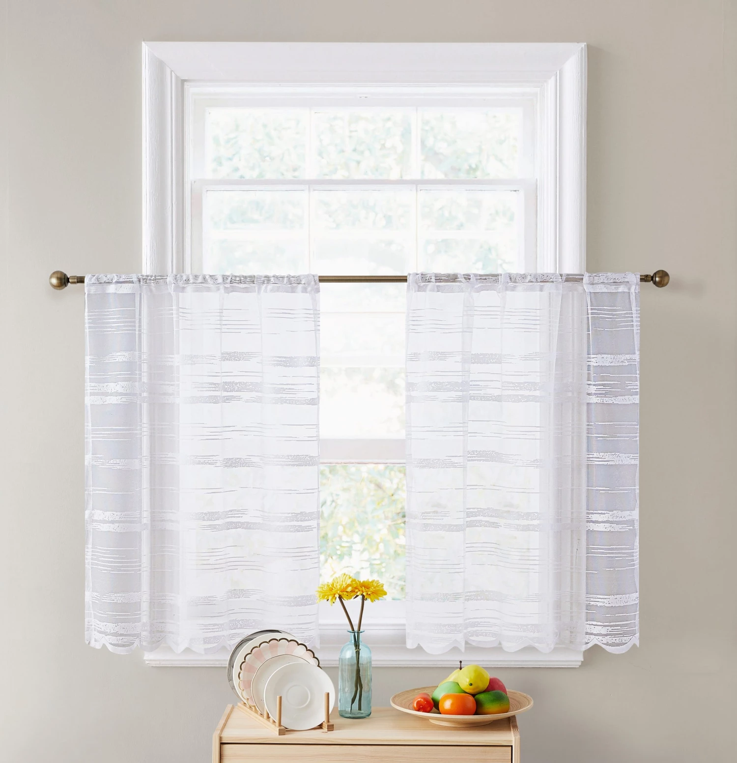 HLC.ME Broadway Sheer Striped Rod Pocket Curtain Tiers - White - Set Of 2 4 HLC.ME Broadway Sheer Striped Rod Pocket Curtain Tiers - White - Set Of 2